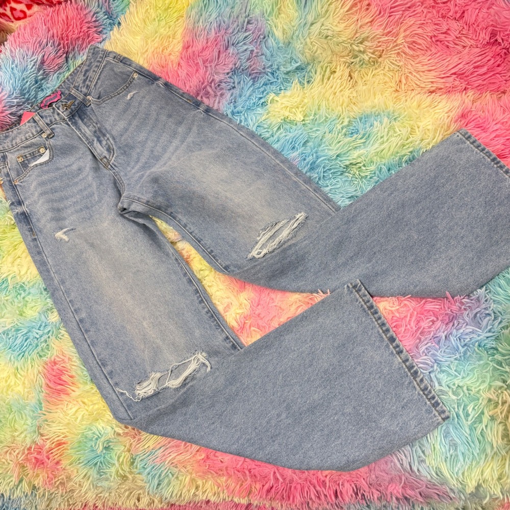 Edikted Wide Leg Jeans Women XS Blue New Distressed Ripped High Rise